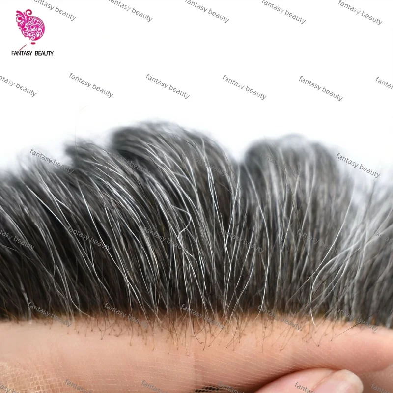 باروكات Q6 للرجال 6 بوصة 1B20 أسود رمادي غير مرئي دانتيل سويسري وشعر مستعار فائق البولي يوريثان للرجال 130% كثافة عالية 100% شعر صناعي بشري