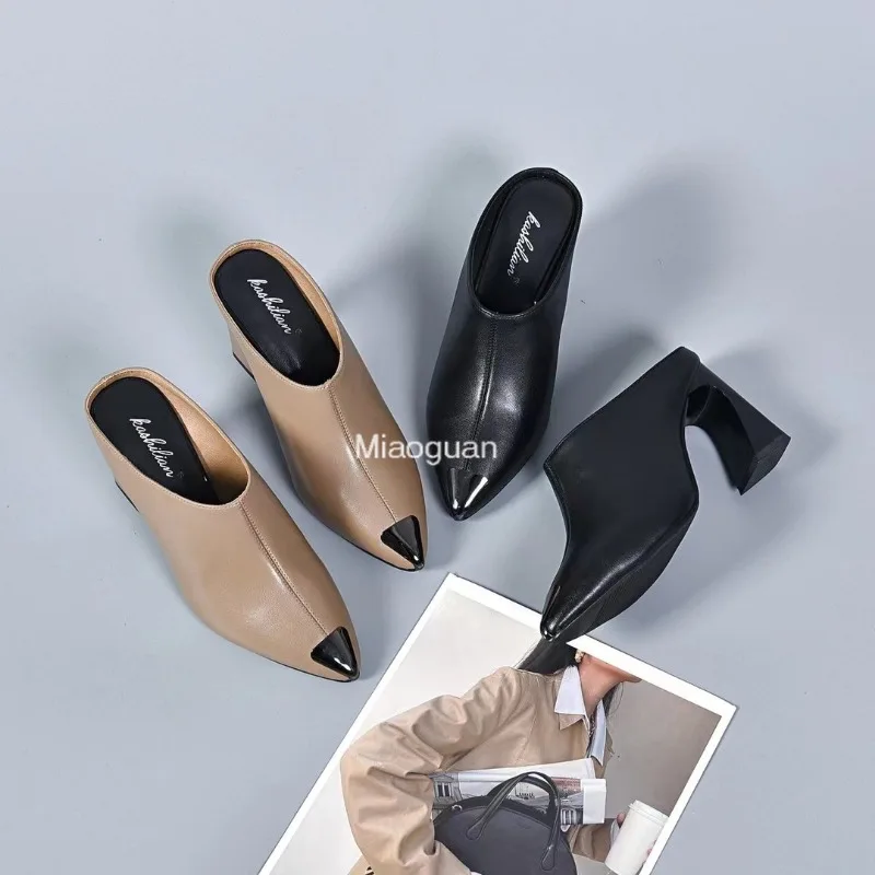 Sandalias Summer 2024 New Women‘s Slipper High Heel Sandal Shoes Classic Ladies High Quality PU Leather Slides Pumps Woman Black