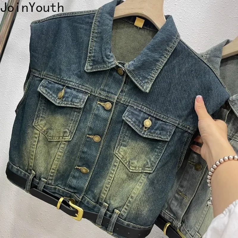 Vintage Sleeveless Women Denim Vest Jackets 2023 Ropa Mujer Fashion Streetwear Waistcoat Crop Tops Casual Fashion Tanks 7m017