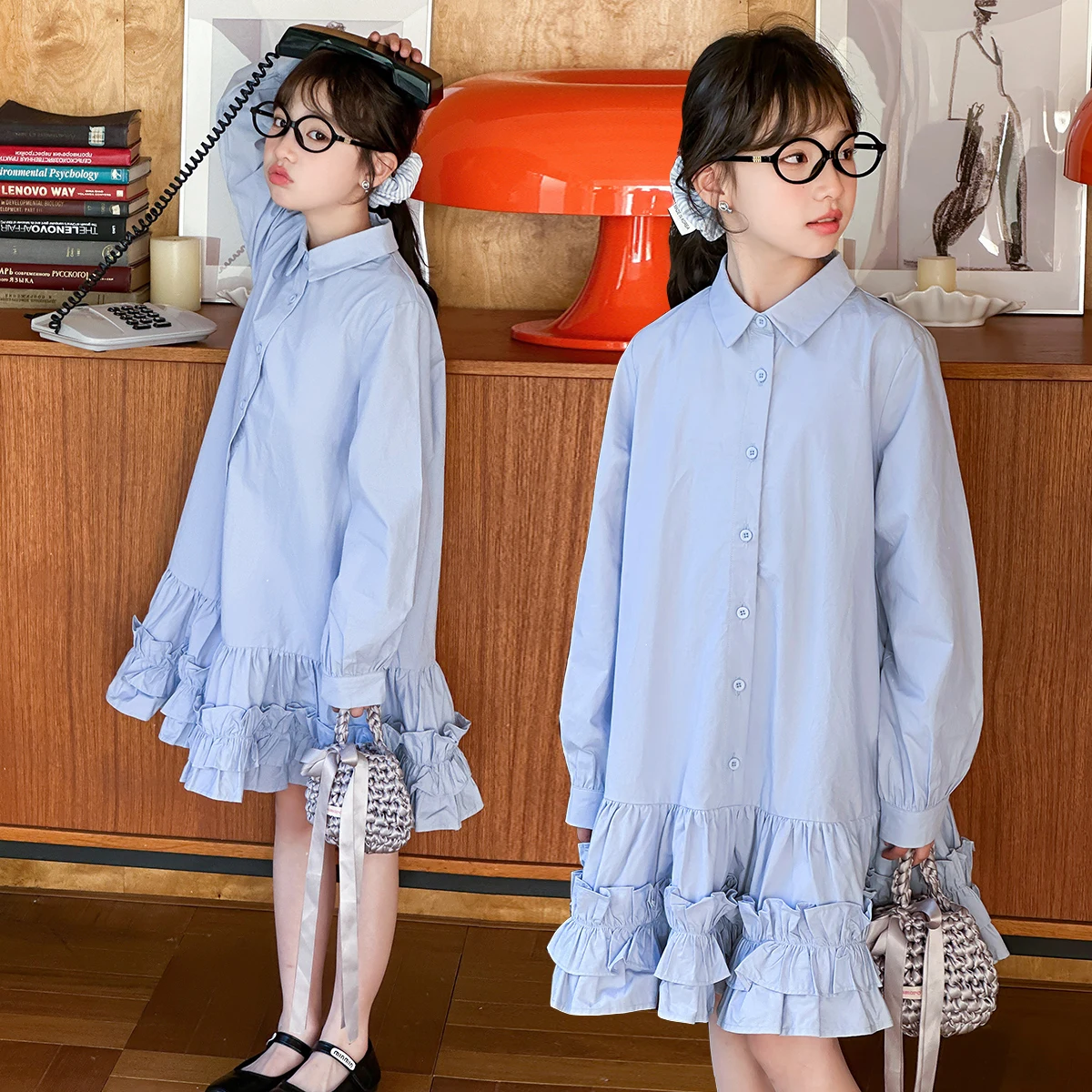 

Весеннее хлопковое синее платье-рубашка для девочек-подростков, платье-рубашка для маленьких детей, трехмерное платье принцессы с краями листьев лотоса, детская одежда 4–14 лет