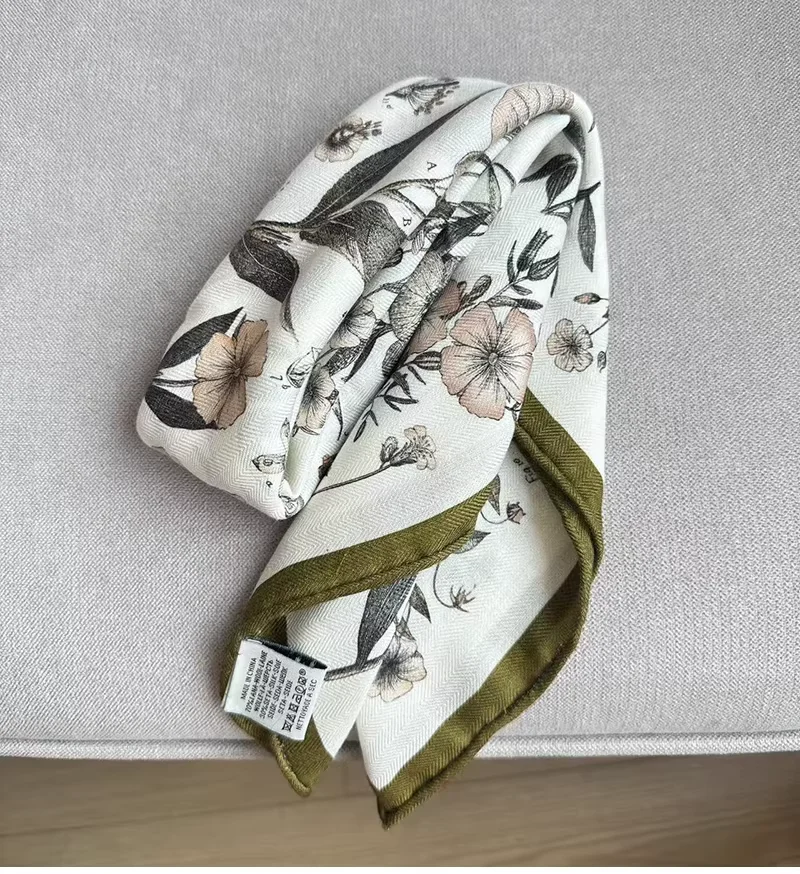 

2026 Elegant Women Shawls Korean Fashion 70% Wool 30% Silk Scarves for Women Spring Floral Print Neck Warmer Muffler Ladies
