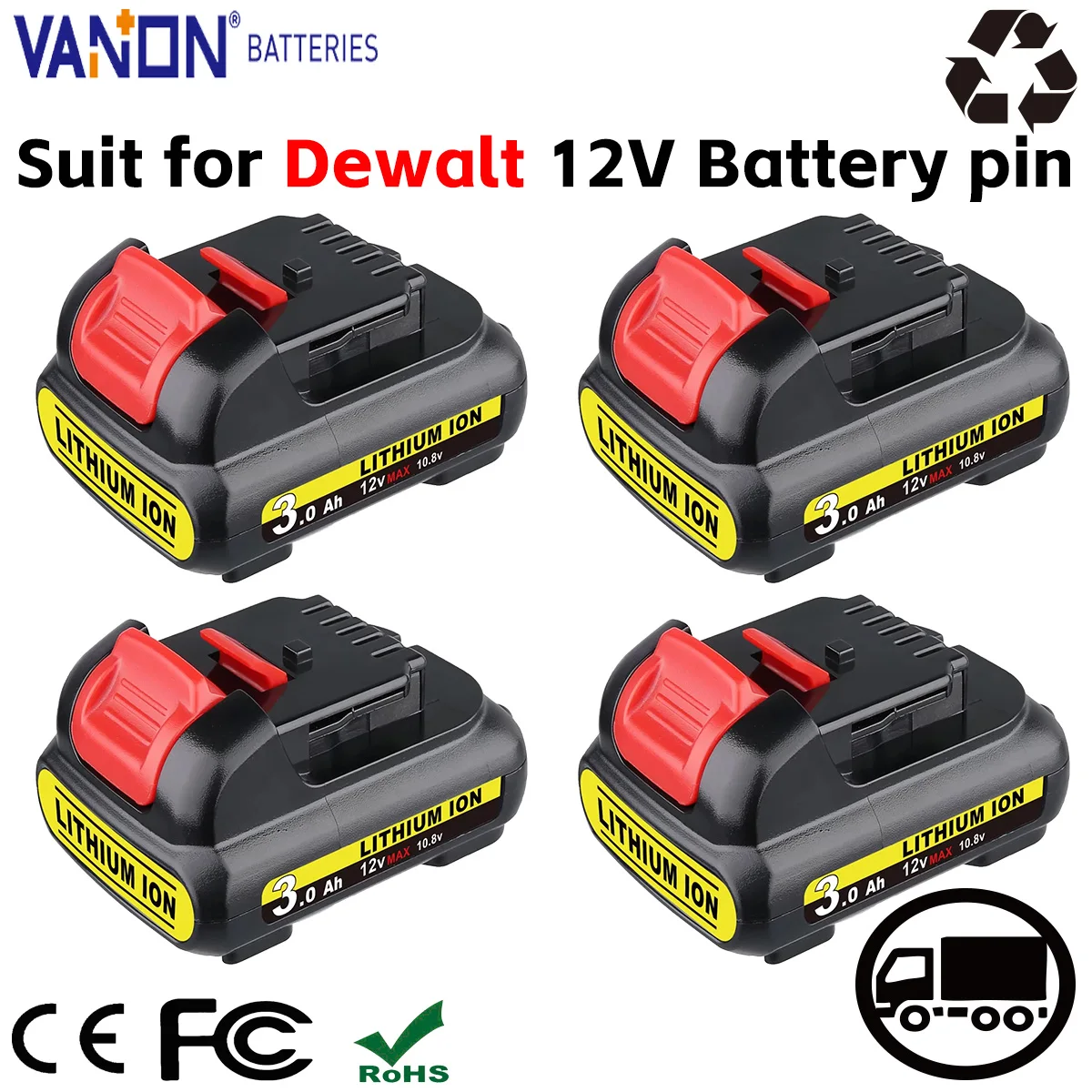 

VANON 1/2/4Pack DCB120 3.0Ah 12V Lithium Battery Replace for DeWalt DCB121 DCB122 DCB124 DCB124 Higher Capacity Tool Battery pin