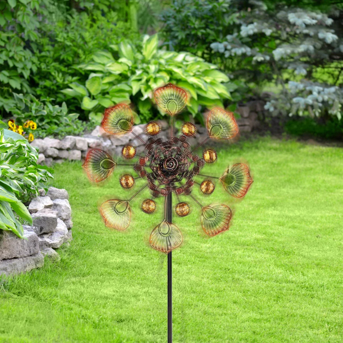 Garden Peacock Windmill Rotating Stake Metal Standing Kinetic Flower Wind Spinners For Outdoor Yard Lawn Garden Decoration