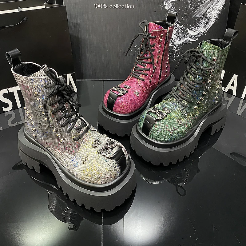 Y2K Shoes for Girls Designer Luxury Boots 2025 Woman Metal Rivets Heightening Fashion Motorcycle Boots Personality Women Shoe