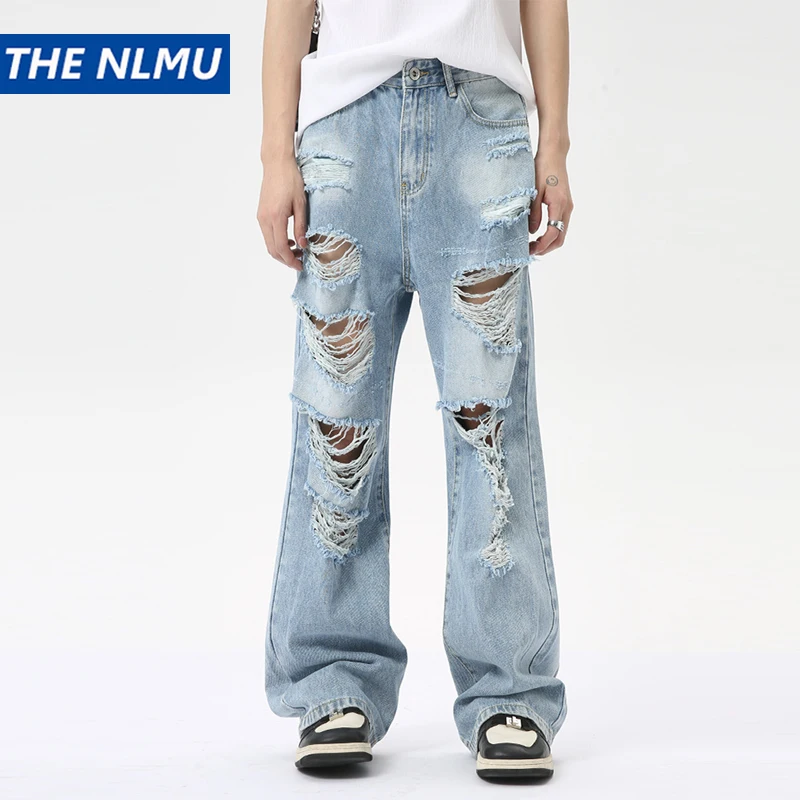 

Vintage Ripped Straight Jeans Blue Baggy Jeans Trousers Streetwear Luxury Loose Casual Distressed Denim Pants Male Y2k Hombre