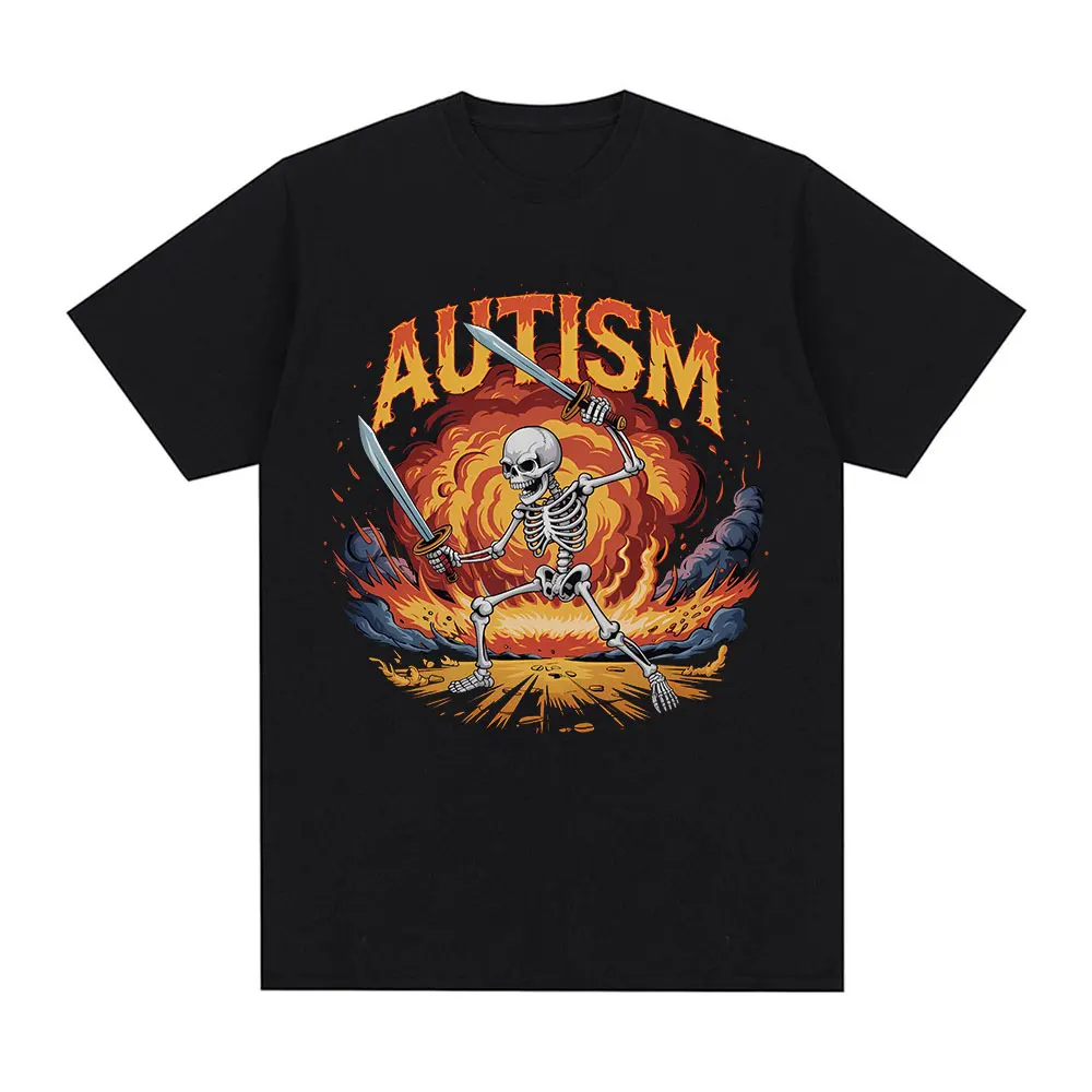 Autism Funny Skeleton Meme T-shirts Men Women Clothing Vintage Summer Short Sleeves T-shirt Cotton Casual Oversized T Shirt Tops