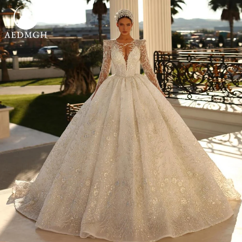 

Aedmgh Ball Gown Royal Wedding Dresses For Women Long Sleeve Vestido De Novia Beaded Embroidery Luxury Custom Made Bridal Gown