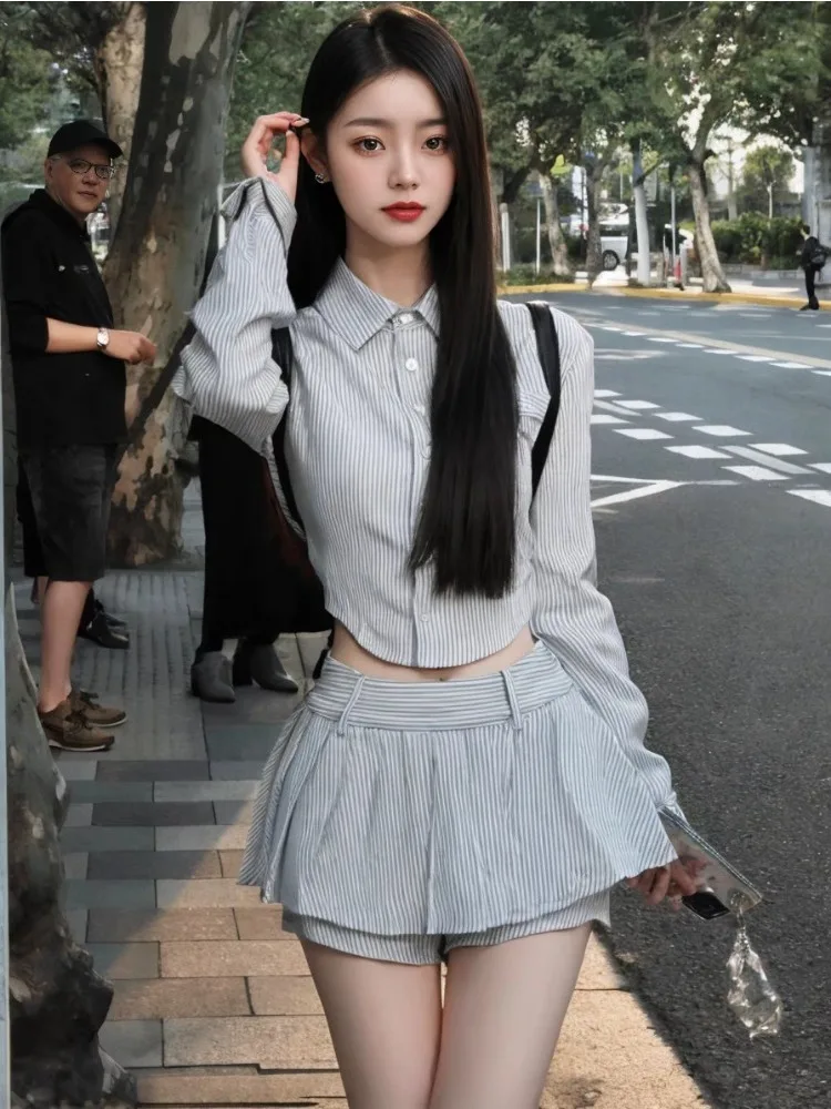 Sweet Hot Girls Sexy Preppy Style Suit Women's Spring/Autumn Irregular Long-sleeved Short Shirt Pleated Mini Skirt Two-piece Set