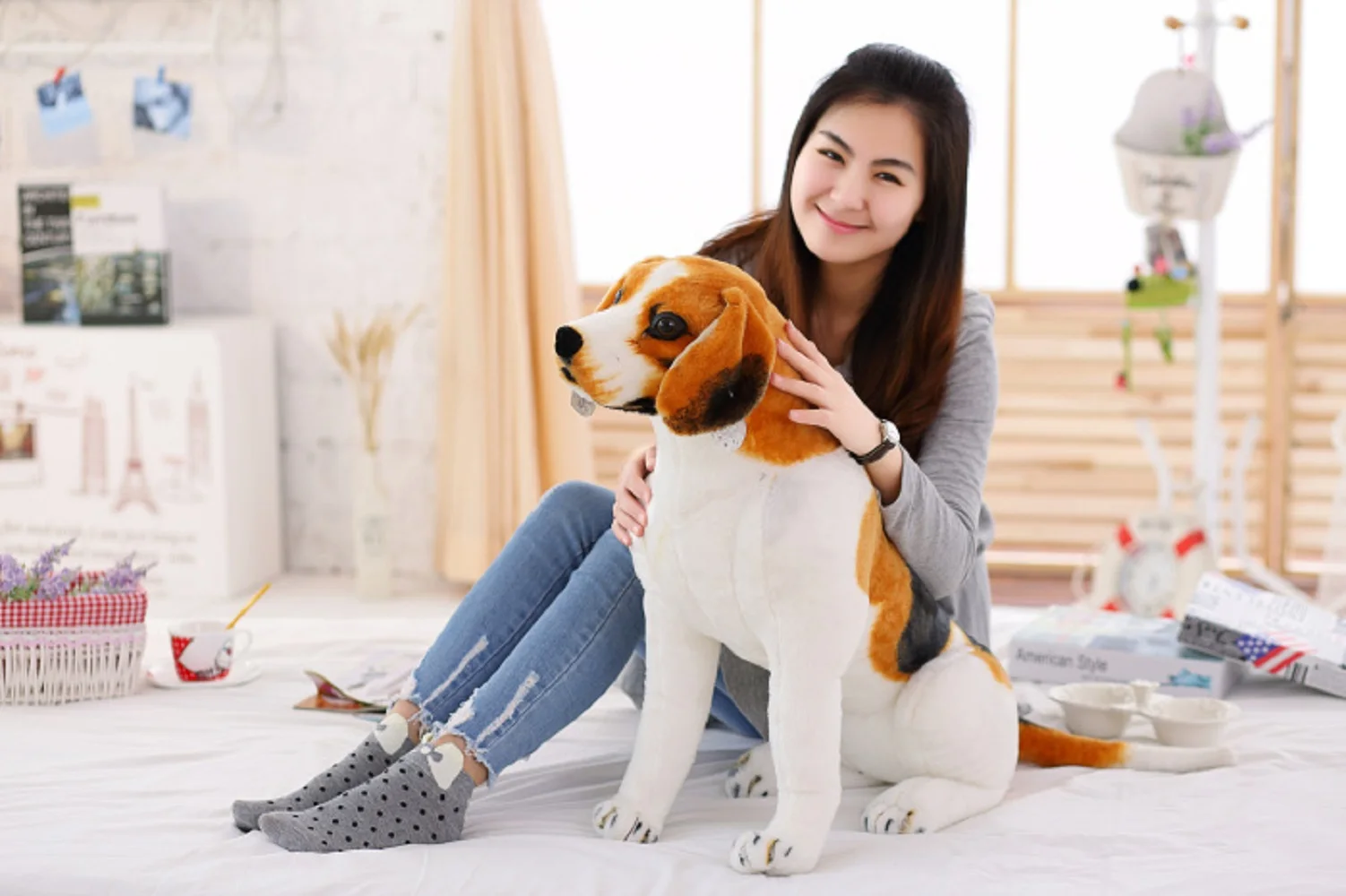 Lớn Đáng Yêu Simulaiton Sang Trọng Beagle Đồ Chơi Chó Ngồi Giá Chó Beagle Búp Bê Tặng Khoảng 70Cm