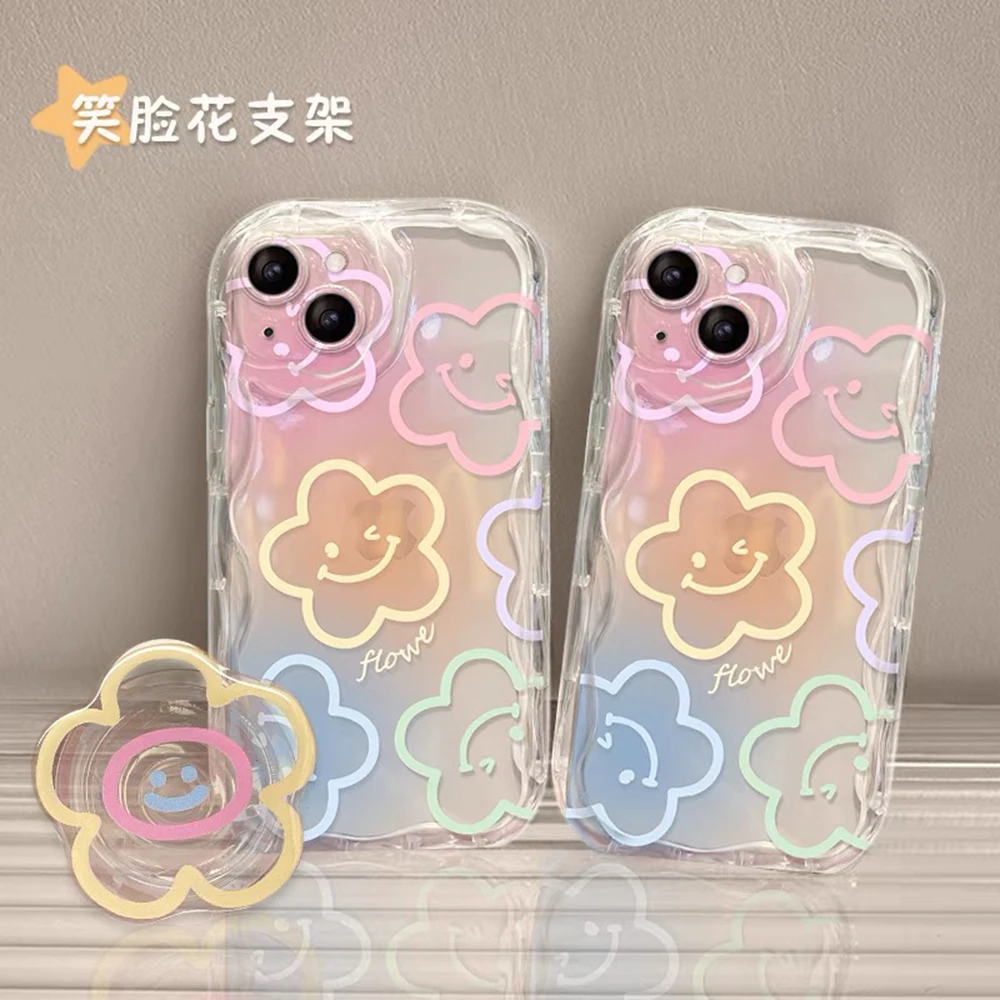 Color Smile Flower Wrist Chain Phone Case For iPhone 16 15 14 13 12 11 Pro Max Mini X XR XSMAX 8 7 Plus 3D Wave Soft Back Cover