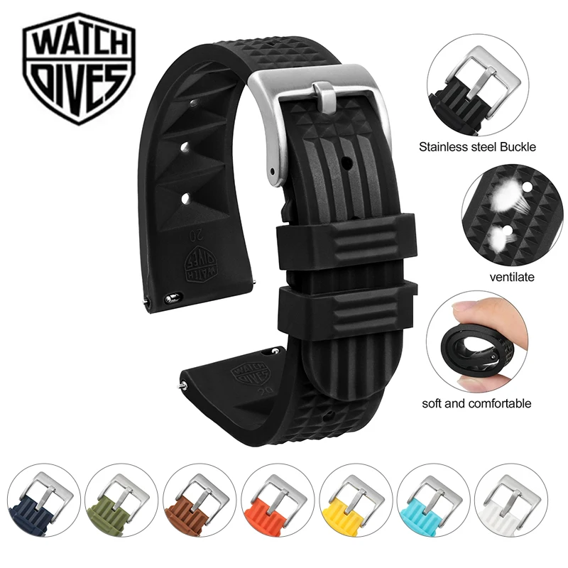 Watchdives-Watch Band, Novo, 20mm, 22mm, Borracha, Liberação Rápida, Suave, Bracelete Universal, Substituição da Fivela de Agulha Inoxidável, Watch