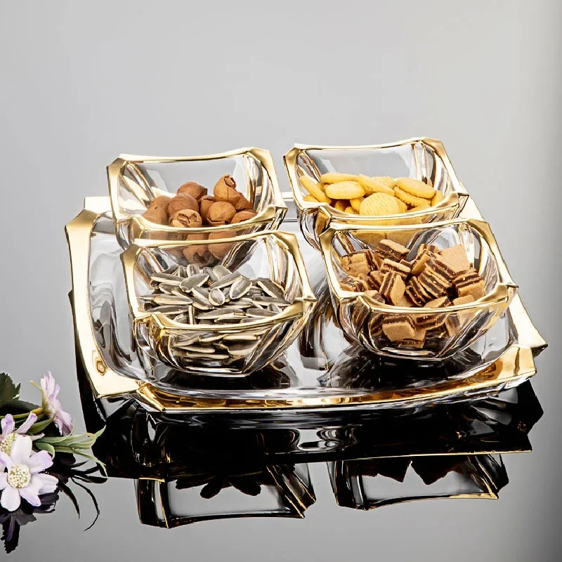 5PCS Glass Fruit Bowl Transparent Glass Bowl with Golden Side Square Bowl Living Room Coffee Table Candy Dried Fruit Snack Plate