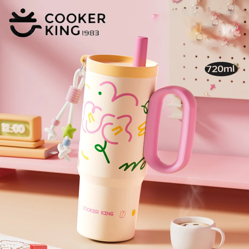 COOKER KinG 720ML Straw Insulated Ice Cup 316 Stainless Steel Car Thermal Mug Tumbler with Handle Stylish Insulated Coffee Cup