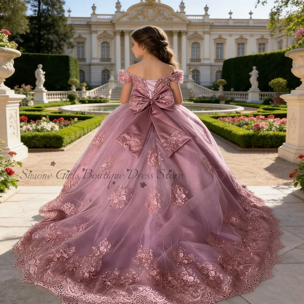 Pink Mini Quinceañera Flowers Girl Dress Quality Beaded Satin Fluffy Knee Length for Wedding Birthday Party Pageant Gown
