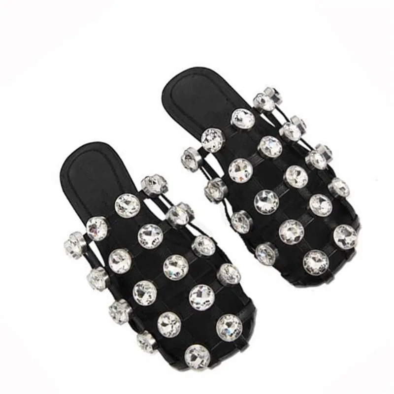 Hollow Outs Rhinestone Slippers Women Round Head Beach  Fashion Crystal Black Leather Flat Summer Retro Slides Shoes Woman