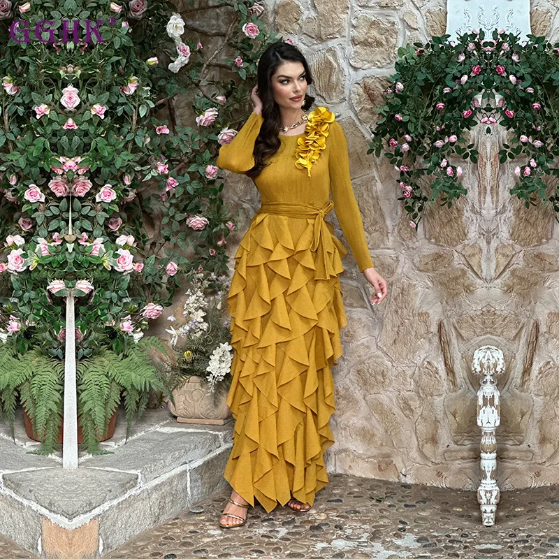

GGHK Fashion Women Dresses Solid Colour Round Neck Long Sleeve Vintage Patchwork Design Loose Large Size Elegant Dress 2025