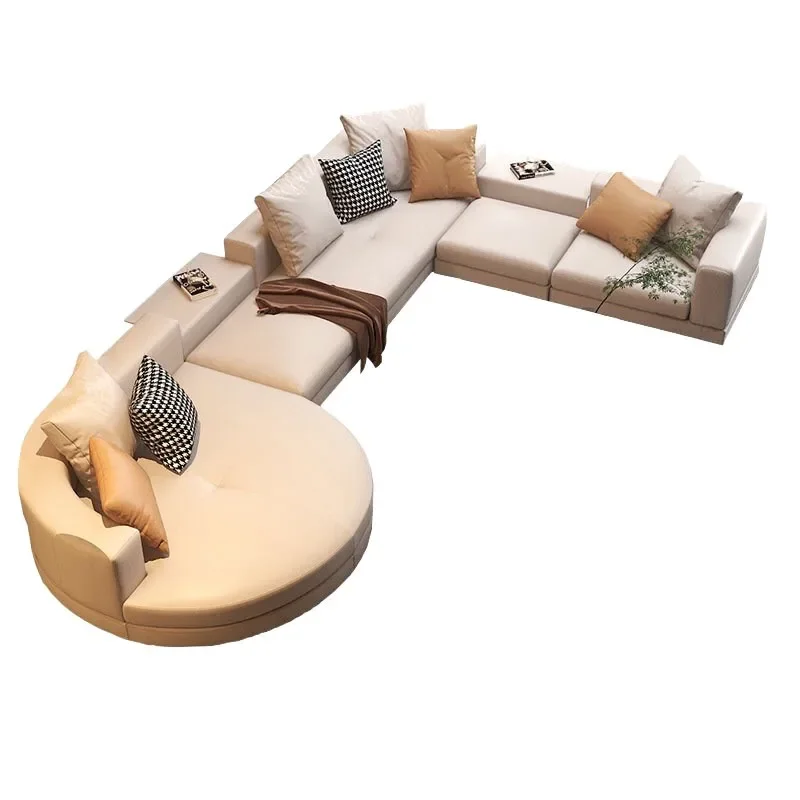 

Leather sofa modern living room size light luxury corner L round concubine combination