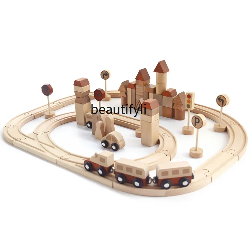 

Children's baby wooden variable track construction car small train assembly building block transportation