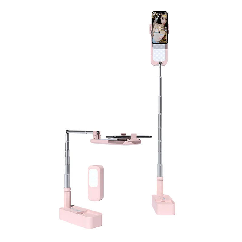 

Live Streaming Mobile Stand with Floor Tripod, Sturdy Equipment Holder, Built-in Light, Portable Selfie Photography Stand