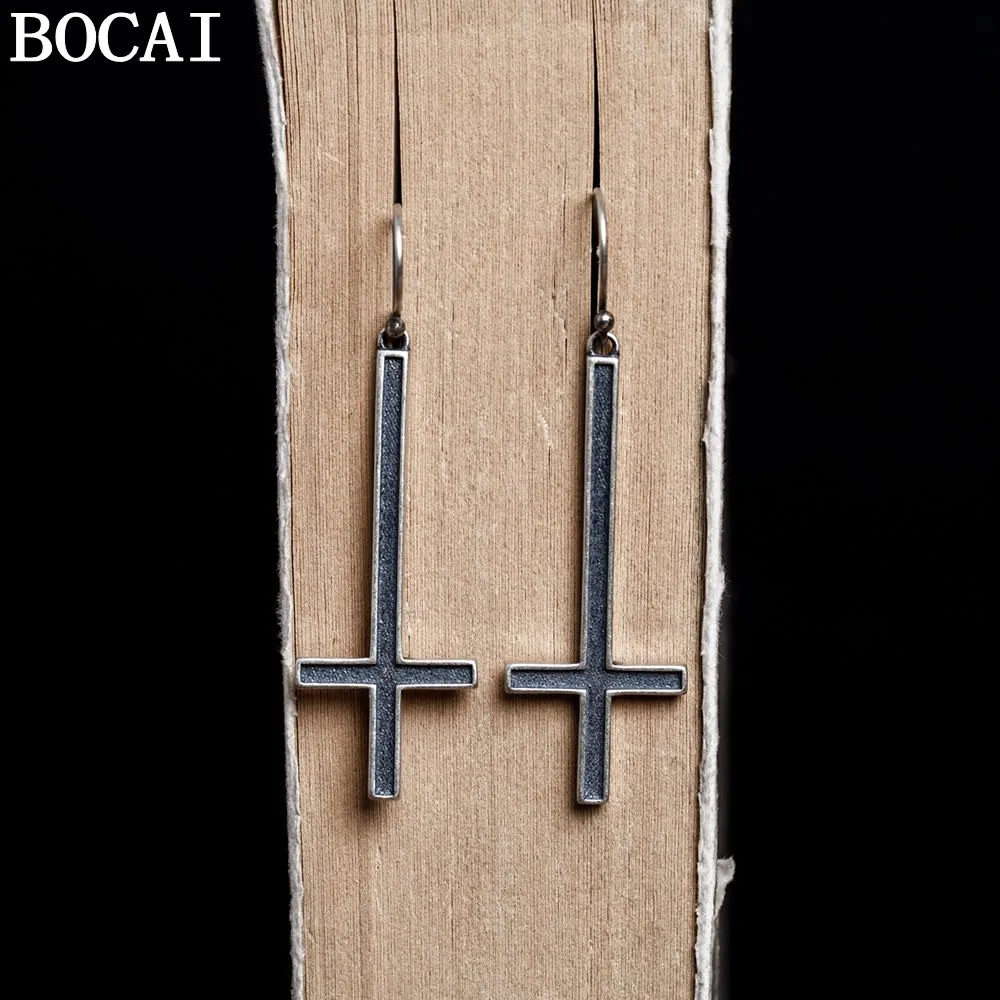 BOCAI NEW S925 Sterling Silver Retro Exaggerated Gothic Cross Earrings