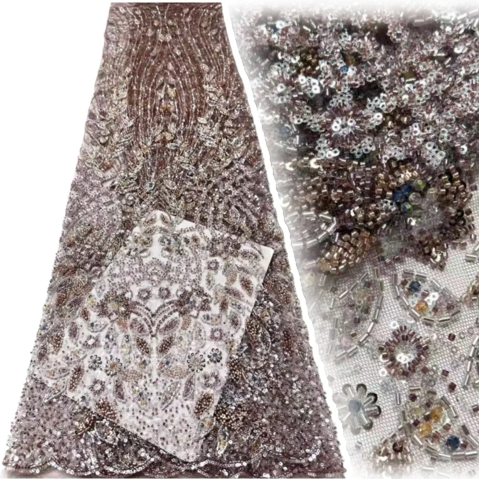 Tela de encaje de tul con cuentas africanas marrones, tela de encaje de lentejuelas nigerianas de alta calidad, Ideal para vestidos de fiesta y vestidos de boda 2036