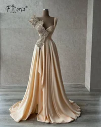 Exquisite Long Evening Dresses 2022 Champagne Beads Appliques Crystal A Line Woman Formal Gowns Ruched Prom Dress Vestidos Noche