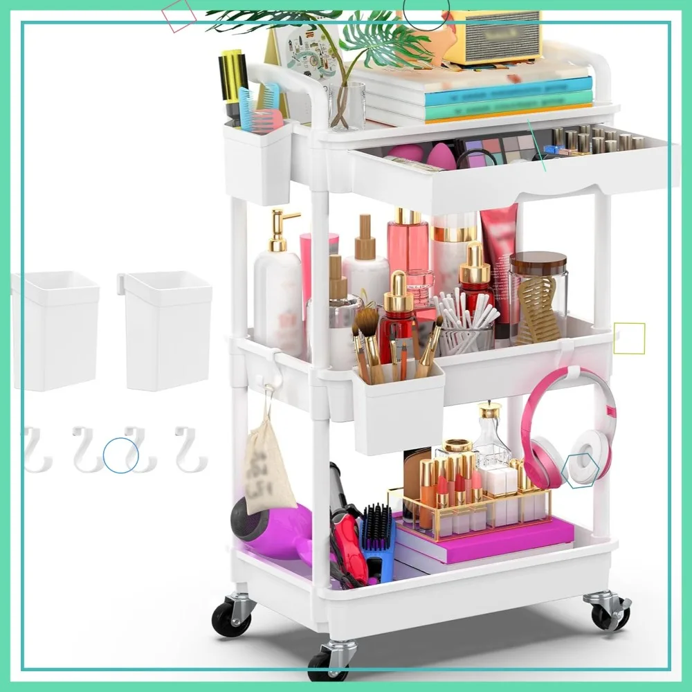 

Трехуровневая передвижная тележка с выдвижным ящиком, 2 блокируемых колеса для хранения в ванной и на кухне - Прочный белый органайзер