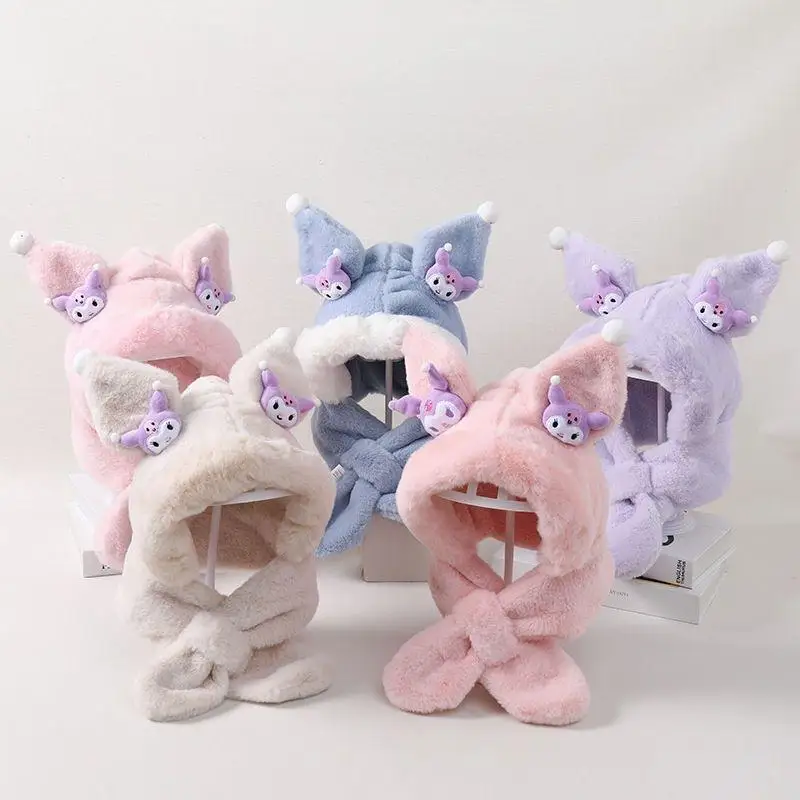 Sanrio chapéu cachecol anime kuromi chapéu e cachecol tudo em uma menina engrossar cachecol presente kawaii bonito criança cachecol de pelúcia chapéu de proteção de orelha