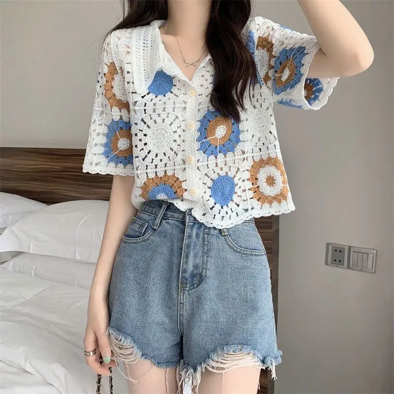 Women Vintage Kawaii Sweet Hollow Crochet Flower Chic Y2K Tops Summer Female Short Sleeve Slim Single Breasted Knitted Cardigans