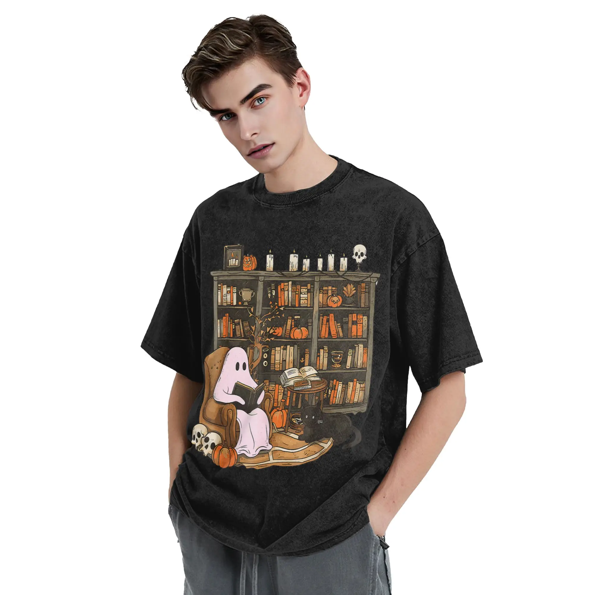 Washed T Shirts Vintage Ghost Book Reading T-Shirts Pumpkin Gothic Halloween Streetwear 100% Cotton Summer Tees for Men Women
