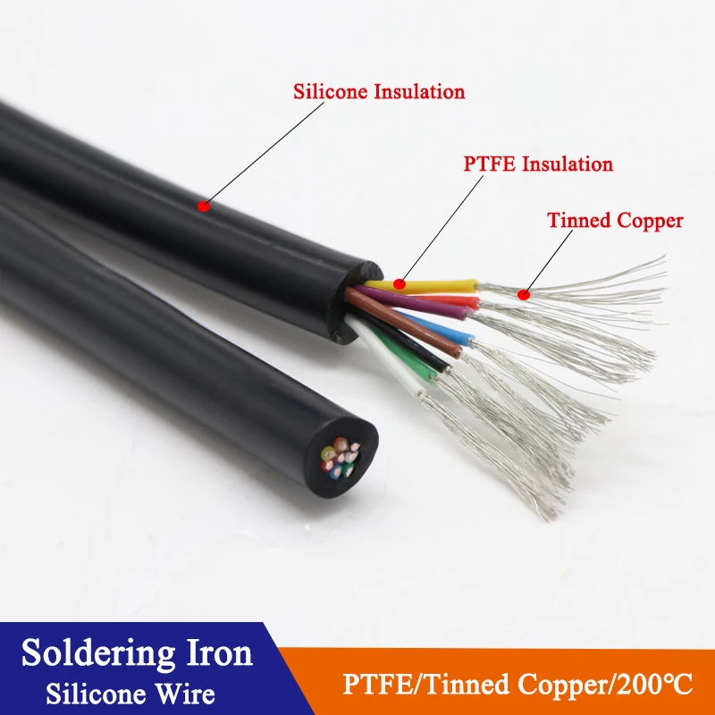 

1/5/10m T12 Soldering Iron Station Silicone Wire Cable 2~10 Cores Tinned Copper PTFE Insulation High Temperature Line