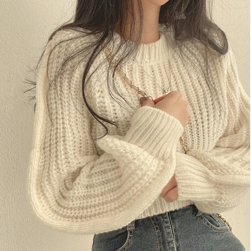 Korean version of age reducing pink bubble sleeve soft glutinous sweater for women, autumn and winter fashion queen style loose