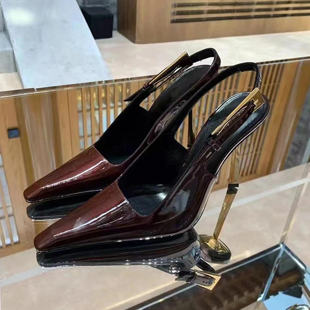 Sandales à talons hauts en cuir verni pour femmes, chaussures à talons minces, Parker carré, rétro, automne, nouveau, 2024