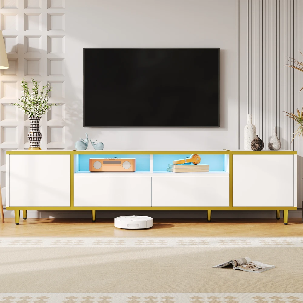 

TV Stand for TVs up to 80 Inches, Center with 2 Shelves and LED Lights, 2 Drawers,2 Cabinets and Metal Legs for Living room
