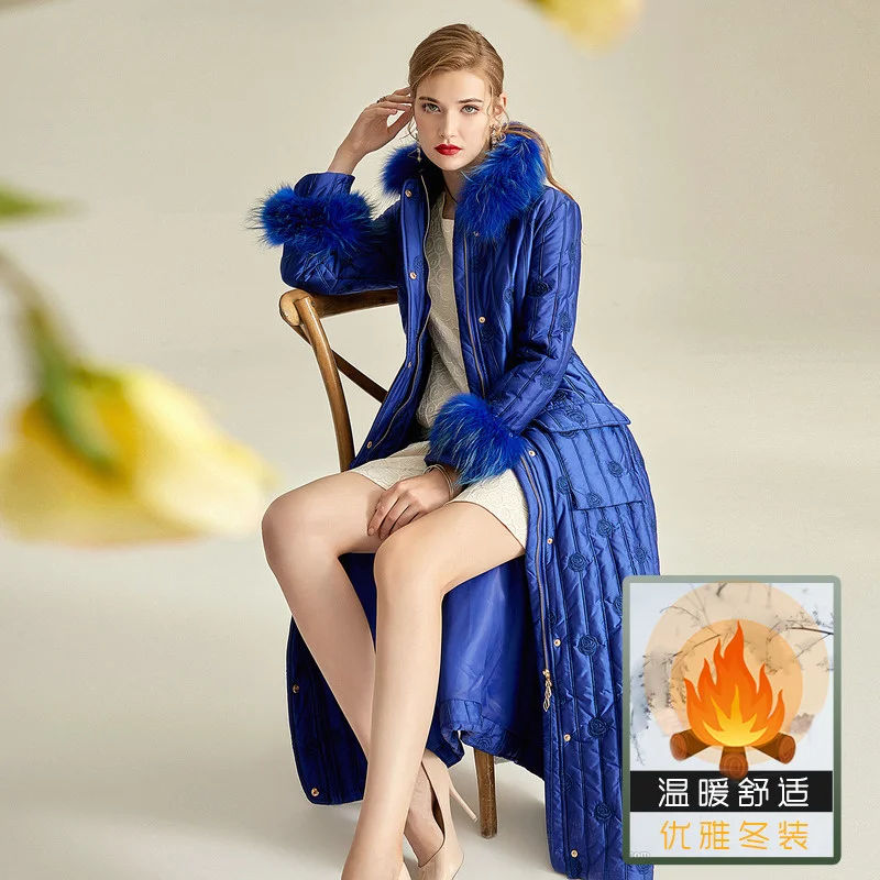 

Real Xlong Winter Jacket Women Fur 2023 Luxury Down Cotton Satin Parka Female Blue Embroidery Ultra Light Thickened Long Coat