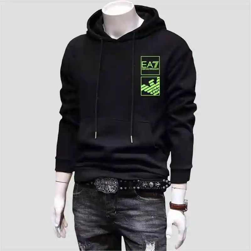 New Ea7 Printed Men's Pure Cotton Hooded Sweater Long Sleeve Spring and Autumn Winter Velvet Top Jacket Men's Regular