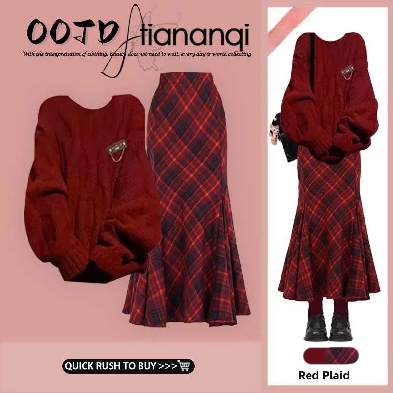 

Red Cisas Knitted Sweater And Plaid Fi Tail Skirt Two Piece Set for Women Autumn Winter Faion Slimming Vintage Sle