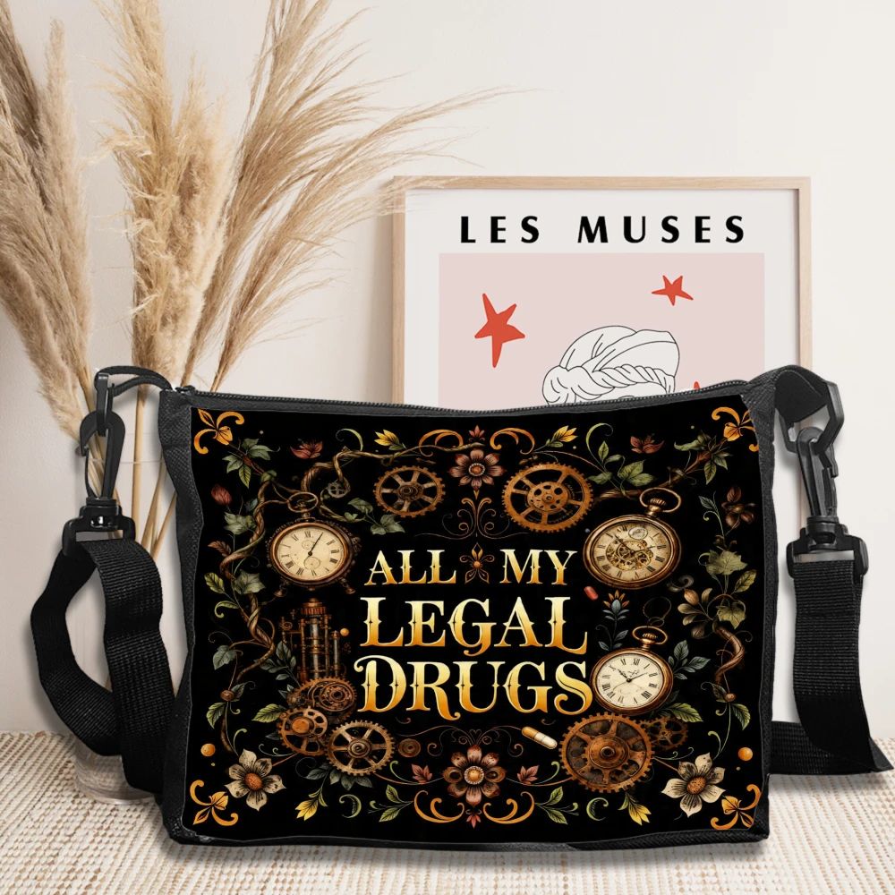 1pc Fashion Crossbody Bag Black All My Legal Drugs Steampunk Clocks And Flowers Print Shoulder Bags For Women Men Casual Pouch