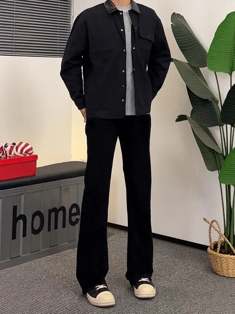 Black Leaf Blade Straight Leg Jeans Men's American High Street Elastic Slimming Cleanfit Flared Pants Men's Style Polyester F...