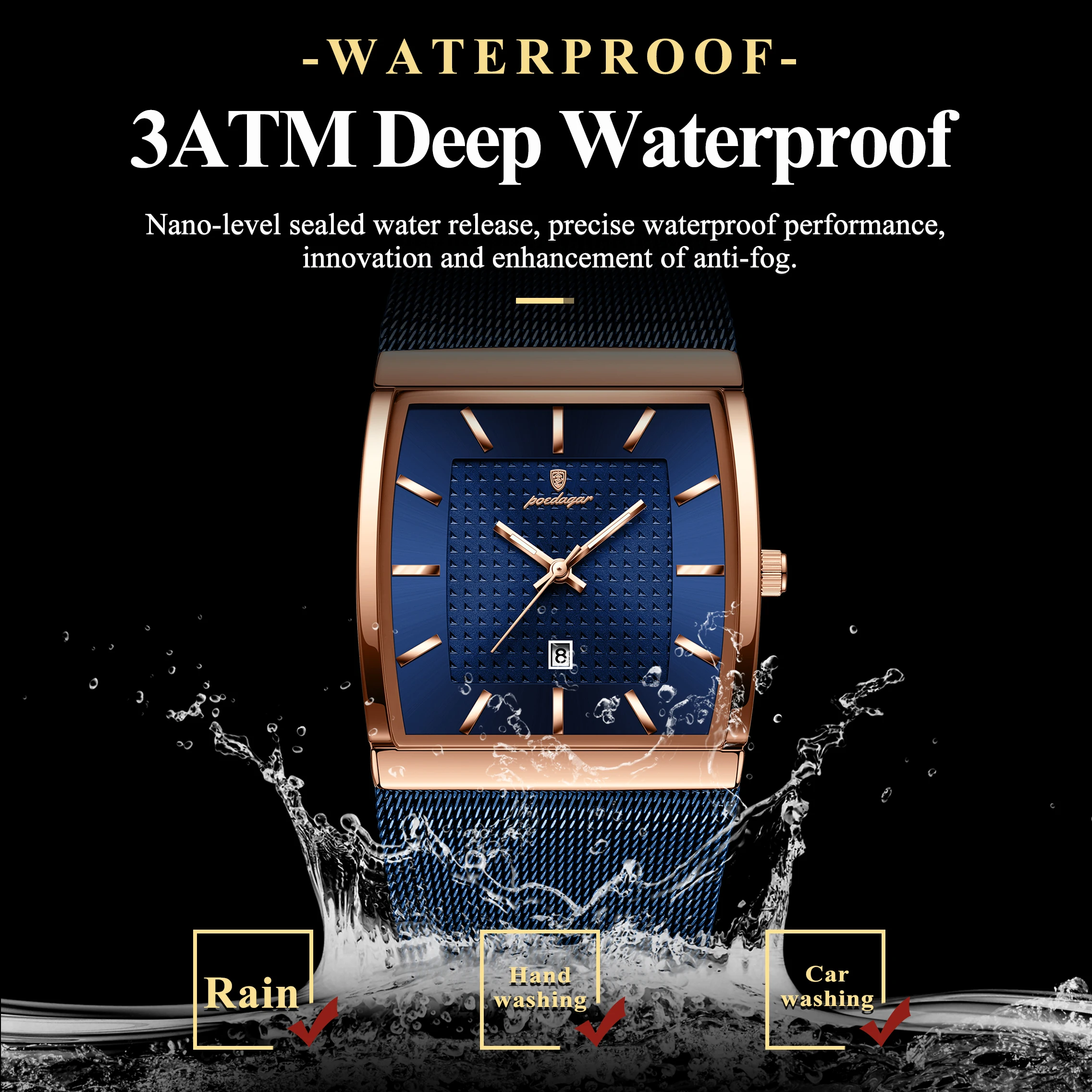 POEDAGAR أفضل ساعة رجالية أصلية مقاومة للماء مضيئة تاريخ مستطيل رجل ساعة اليد شبكة الفولاذ المقاوم للصدأ ساعات كوارتز رجالية ذكر