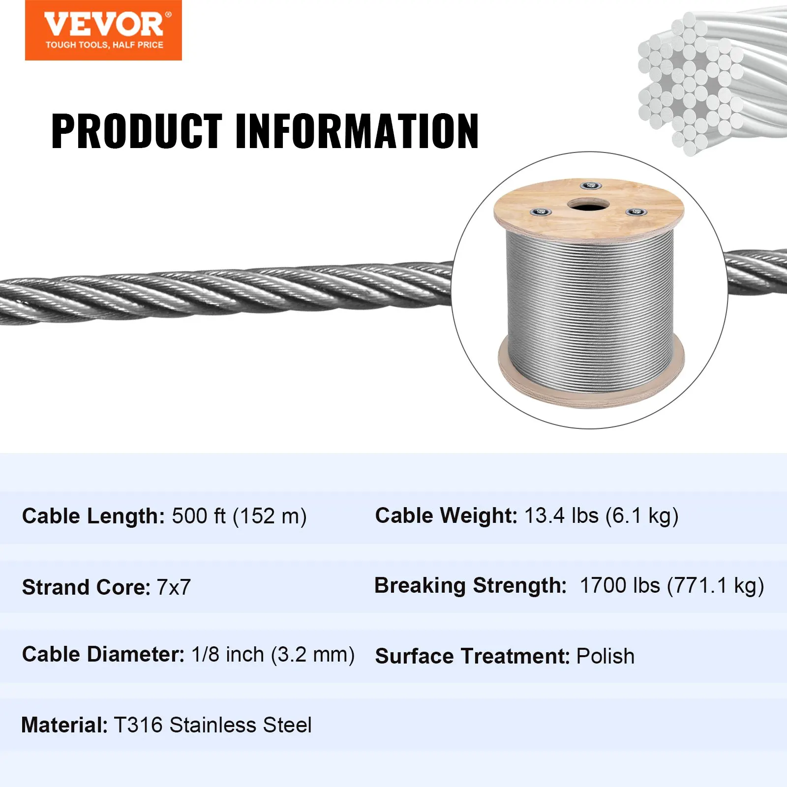 

Stainless Steel Cable Railing 500ft, Wire Rope 316 Marine Grade, Braided Cable 7x7 Strands Construction For Deck Rail Balusters