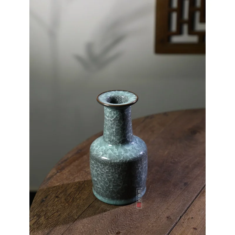 Longquan Celadon Lan Zongmin Handmade Vase Ice Crack High-End Table Flower Holder Home Ornament High-End Traditional Ornaments