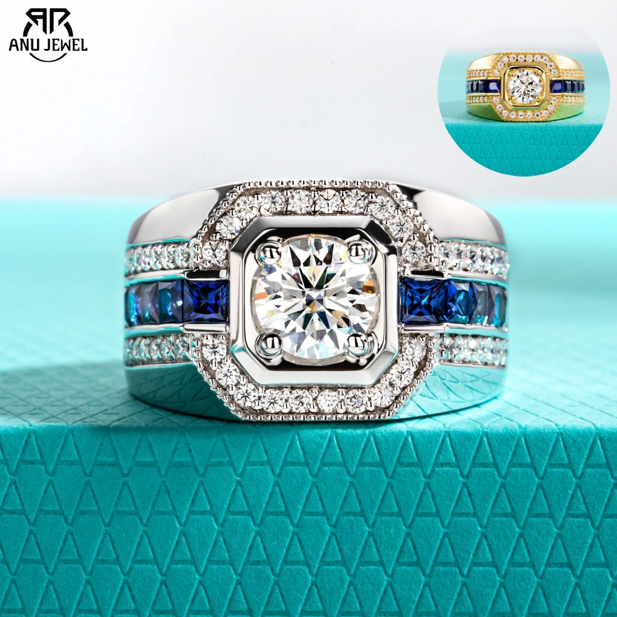 Image of AnuJewel Herren-Verlobungsring mit 1 Karat D-Farbe, Moissanit, 925er-Sterlingsilber, vergoldet, Retro-Luxus-Labor-Diamant-Verlobungsring