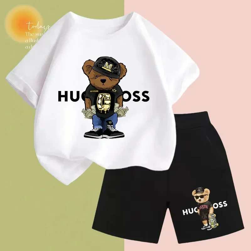 Luxury brand children\'s T-shirt set Fashion BOSS printed boys girls sports short sleeve shorts loose casual youth clothing