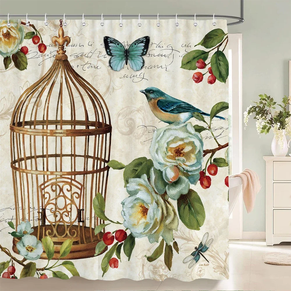 

Bathroom Retro Flower-and-bird style Shower Curtain European style Art Polyester Fabric Shower Curtain 180 * 180CM with Hooks