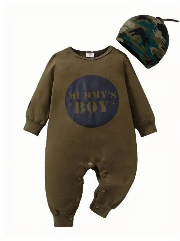 

New baby boy baby spring and autumn camouflage casual loose long sleeved jumpsuit (with hat included) for daily wear