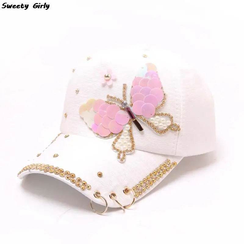 Butterfly Diamond Baseball Caps Women Studded Outdoor Golf Cap Ladies Casquette Hat Metal Rings Sun Hat Shiny Jewelry Visors