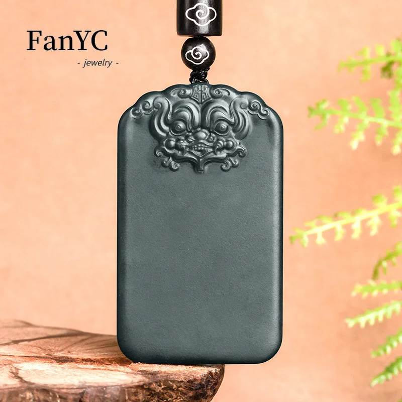 

Natural Hetian Jade Ink Jade Beast Head Amulet Pendant Hand-carved Exquisite Luxury Jade Necklace Men and Women Holiday Gift