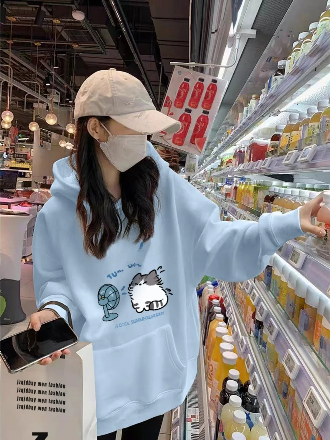 

Loose Fit Hooded Fce Lined Sweatirt Women's Blue Lazy Sle Top Winter Warm Print Design Long Sve Korean Version