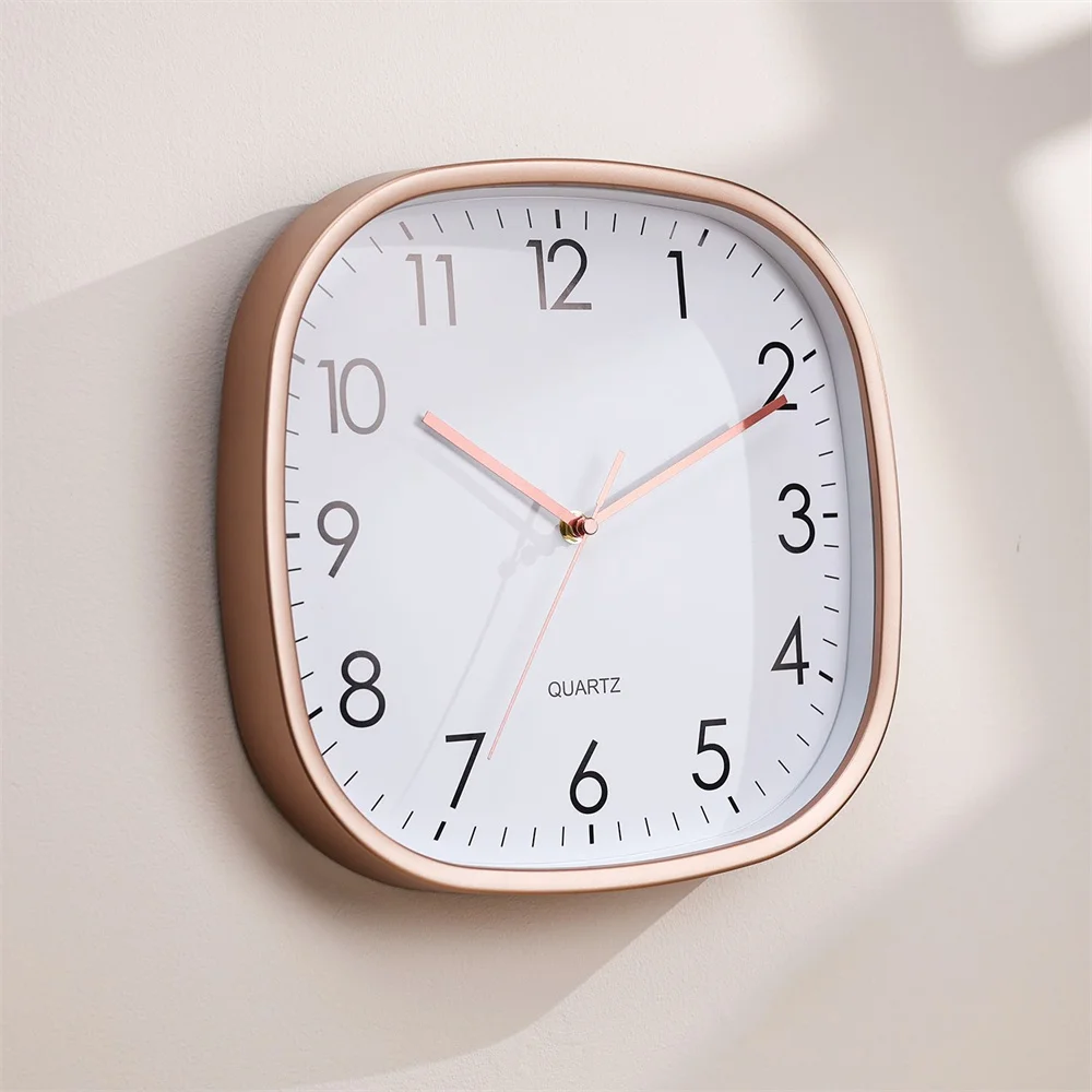 Living Room Rose Gold Frame Wall Clock 12inch Silent Square Corner Luminous Home White Clock Wall Big Number Wholesale Watch